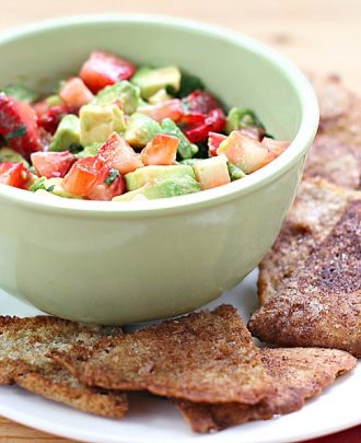 Strawberry Avocado Salsa with Cinnamon Sugar Tortilla Chips