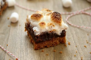 S'mores Brownies on a board with mini marshmallows