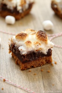 S'mores Brownies on a board with mini marshmallows