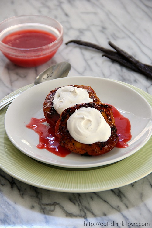 Grilled Peaches with Vanilla Bean Whipped Cream and Raspberry Coulis