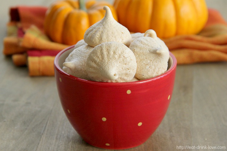 Pumpkin Spice Meringues in a red bowl with pumpkins