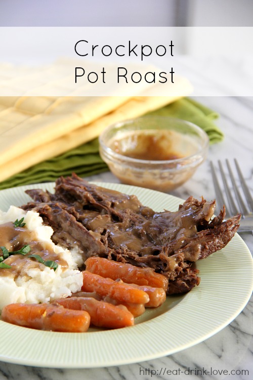 Crockpot Pot Roast on a plate with potatoes and gravy