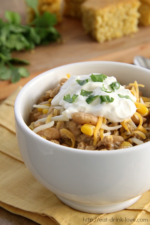 Close up of White Bean Chicken Chili in a white bowl