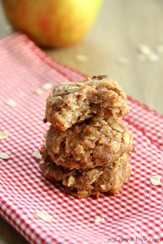 Apple Cinnamon Breakfast Cookies stacked on a red and white napkin