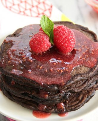 Dark Chocolate Pancakes with Raspberry Sauce
