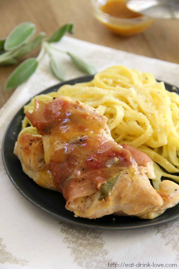 Lemon Chicken Saltimbocca on a plate with linguine