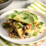 Southwestern Breakfast Scramble on a plate -scrambled eggs with peppers, onions, black beans, and avocado