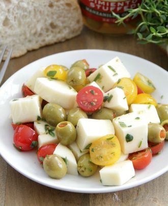 Marinated Olives, Mozzarella, and Tomato Salad