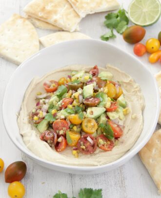 Hummus Topped with Tomato and Corn Salsa