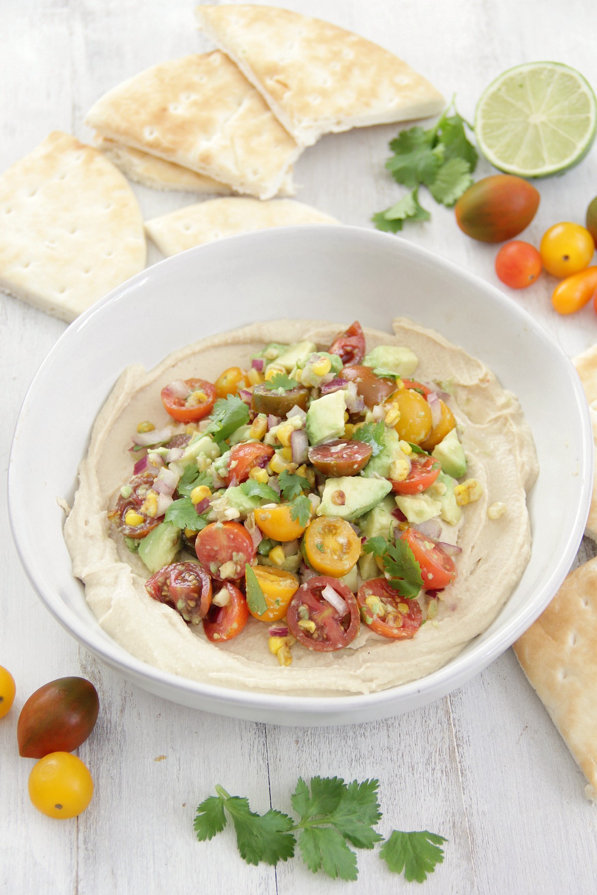 Hummus Topped with Tomato and Corn Salsa