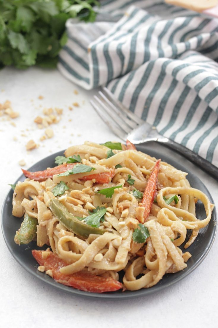Easy Peanut Noodles - Noodles tossed in a simple peanut sauce tossed with bell peppers and fresh cilantro