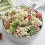 BLT Pasta Salad in a white bowl