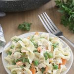 Chicken Pot Pie Pasta with peas and carrots