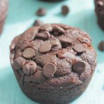Chocolate Protein Blender Muffins on a turquoise wooden board