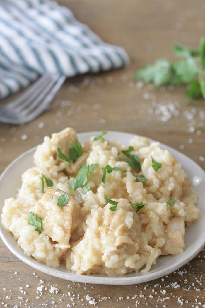 Instant Pot Chicken Risotto on a white plate