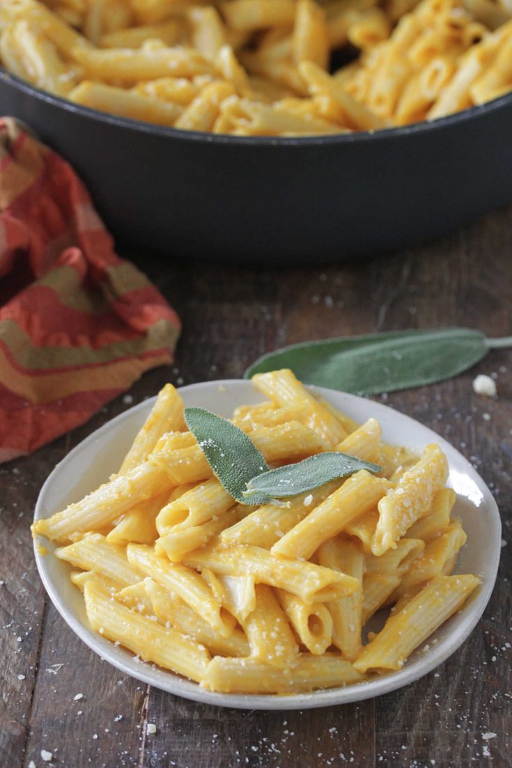 Pumpkin Mascarpone Pasta on a plate with sage leaves