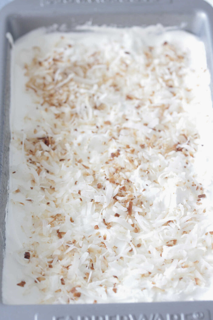 Coconut Ice Box Cake in a loaf pan