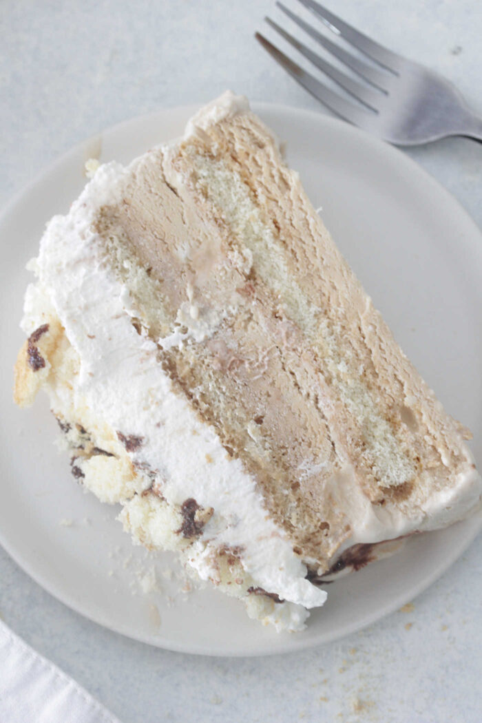 Overhead photo of a slice of tiramisu ice cream cake on a white plate