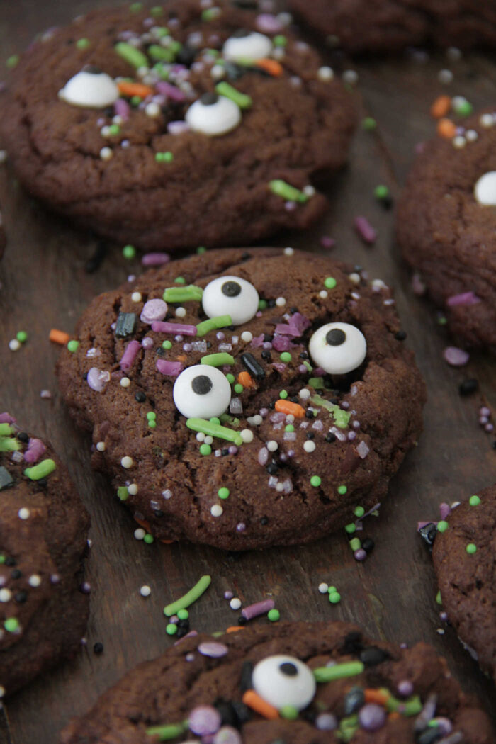 Chocolate Monster Eye Cookies with sprinkles and candy eyes