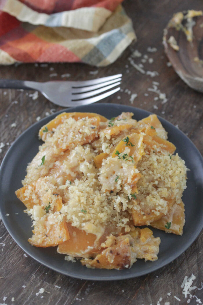 Overhead shot of Butternut Squash Gratin with toasted breadcrumbs on top