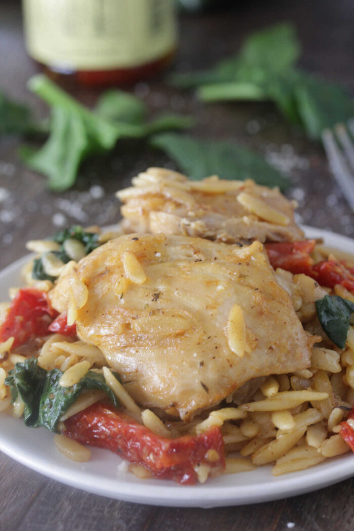 Close-up photo of chicken thigh on a bed of orzo with spinach and sun dried tomatoes