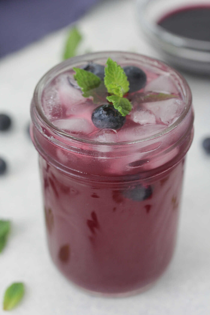 Close up photo of a Blueberry Buck cocktail in a glass with mint leaves