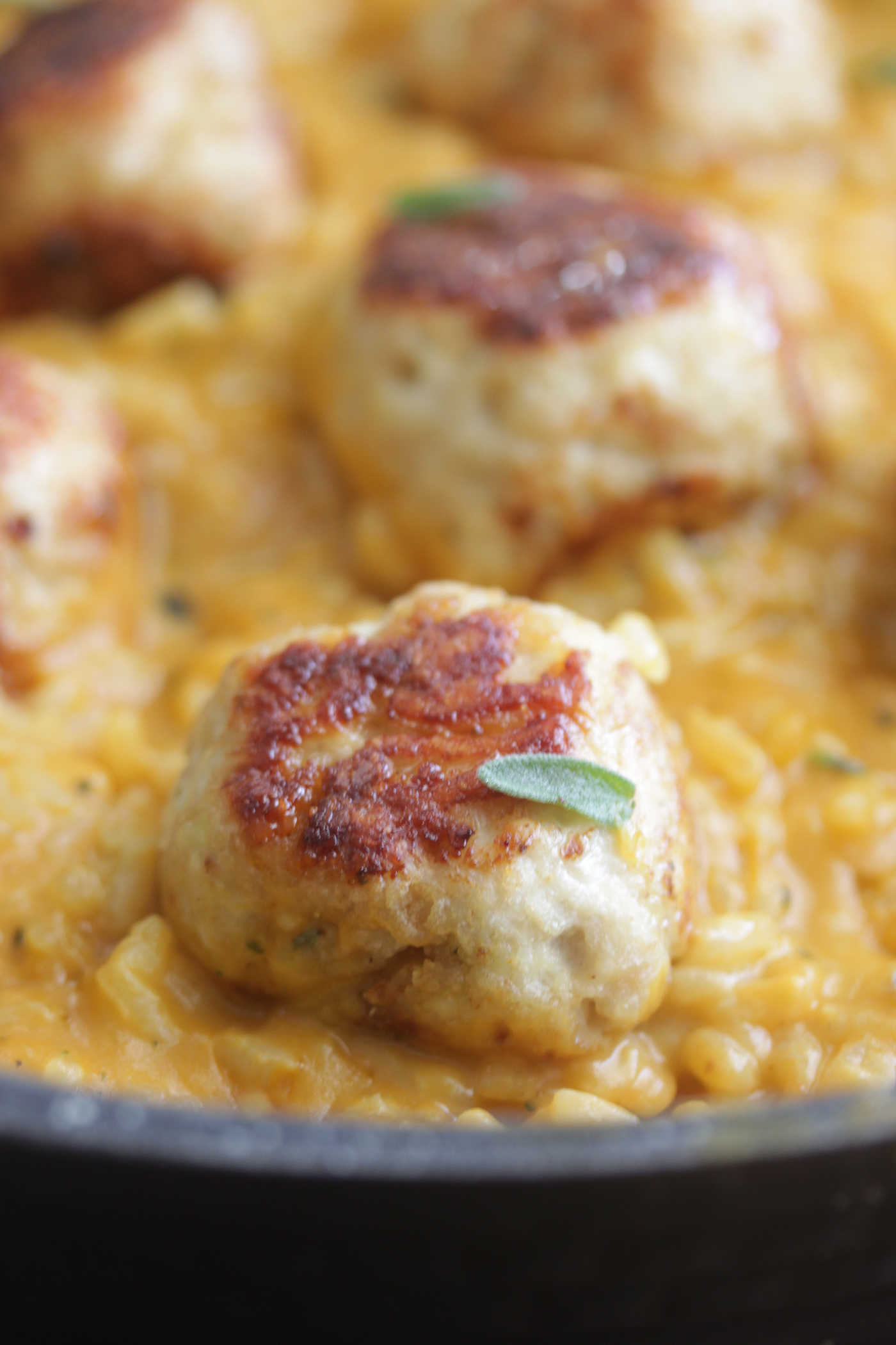 Close up photo of garlic chicken meatballs in a pan with creamy pumpkin risotto.